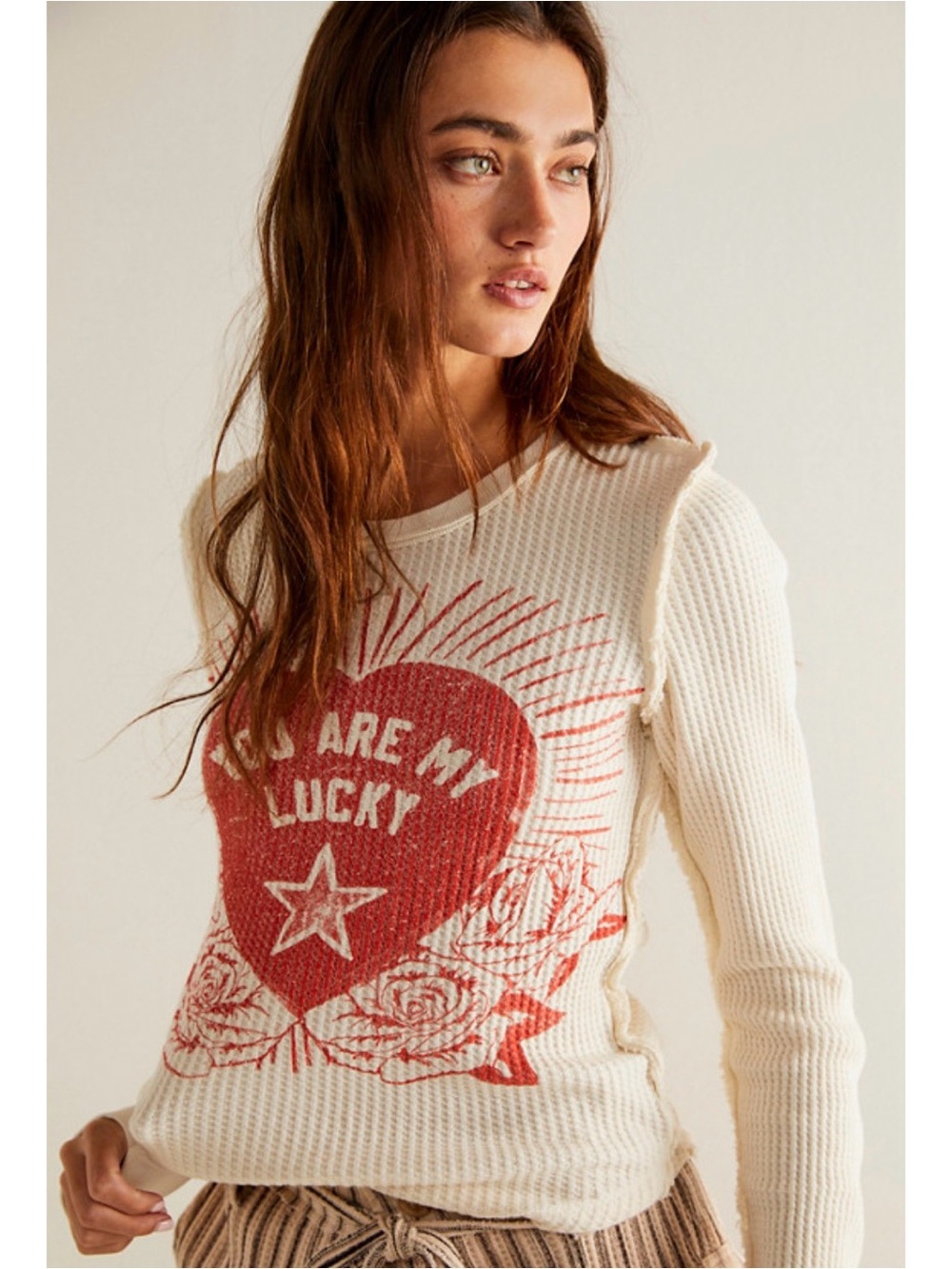 Cream Graphic Waffle-Knit Sweater with Red Heart Print